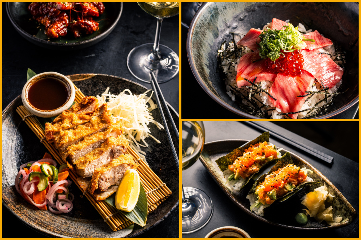 Collage of Black Pork Katsu, Wagyu Donburi, Salmon & Avocado Open Temaki